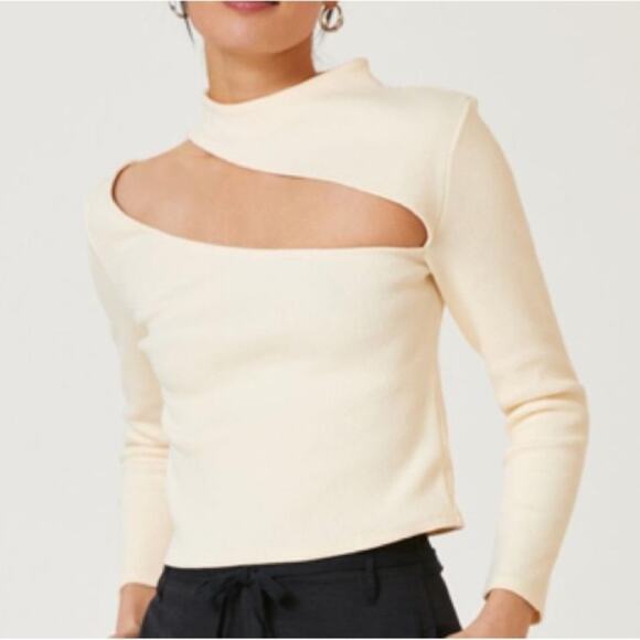 By Anthropologie Women’s Asymmetrical Cutout Ribbed Knit Mockneck Ivory Sweater - Picture 12 of 12